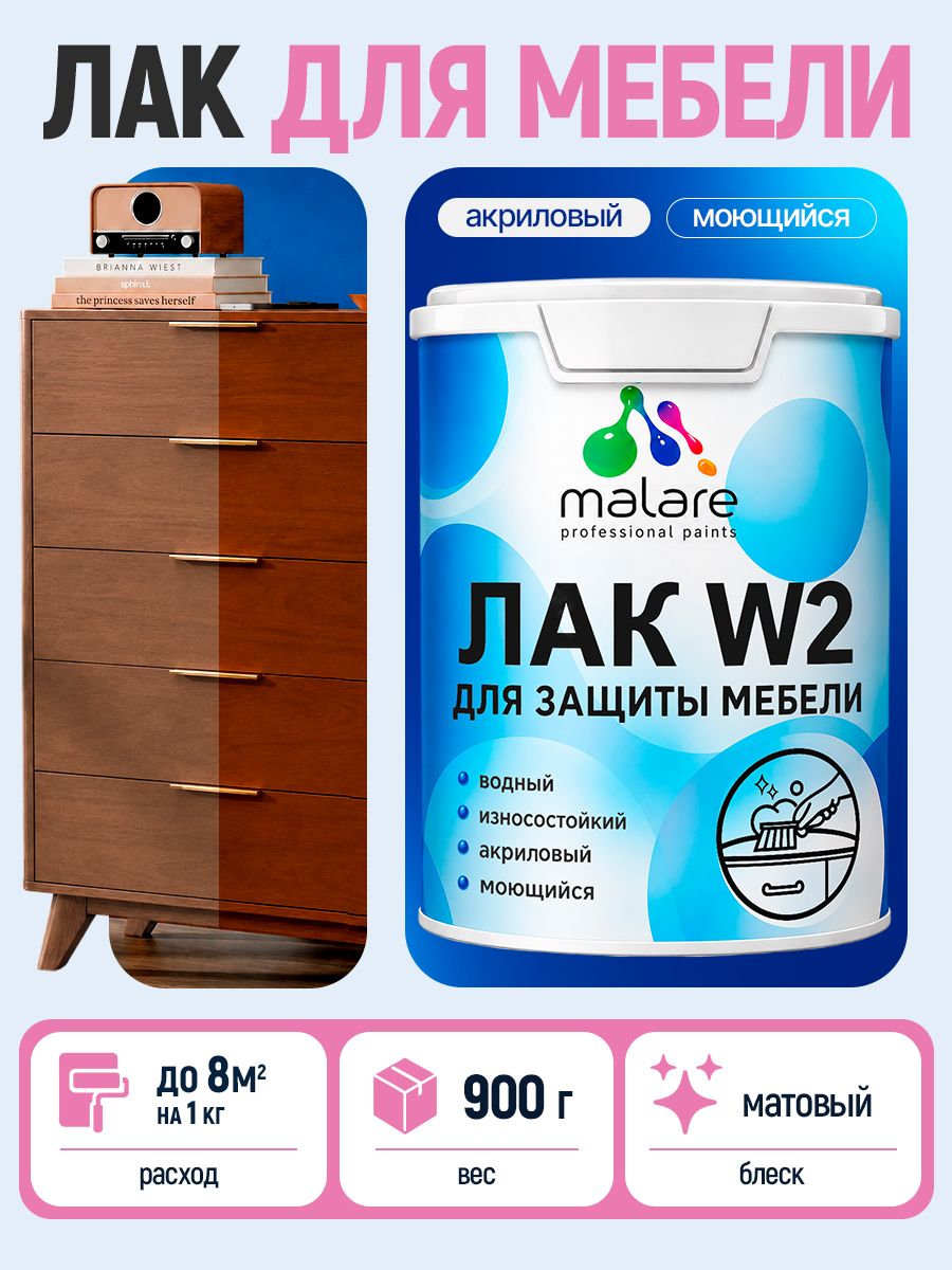Моющийся лак для мебели Malare W2 для кухонных фасадов, для дерева и минеральных поверхностей, акриловый быстросохнущий без запаха, прозрачный, матовый, 0.9 кг