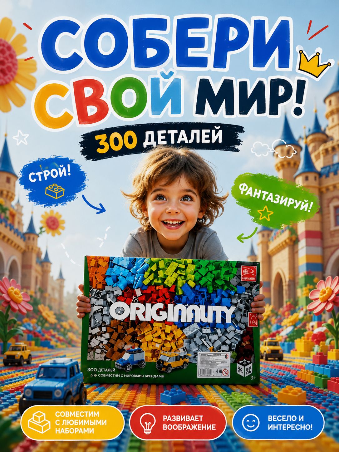 Набор деталей для конструктора, 300 деталей, конструктор пластиковый