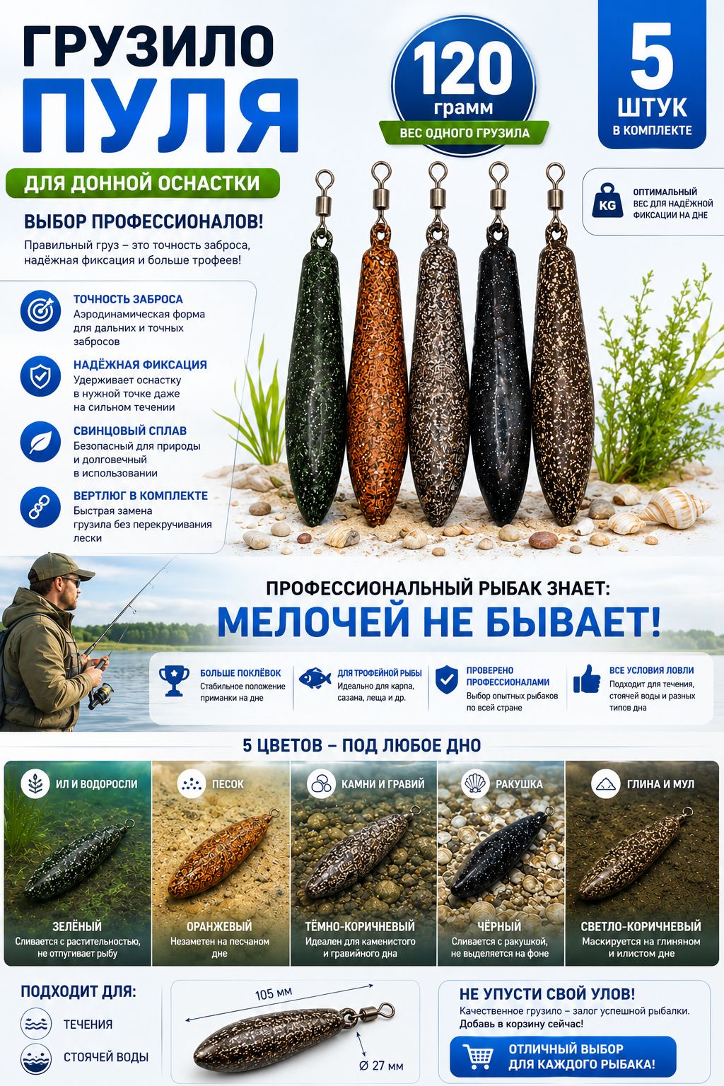 Грузило Пуля 120 г для донной оснастки, комплект 5 шт.