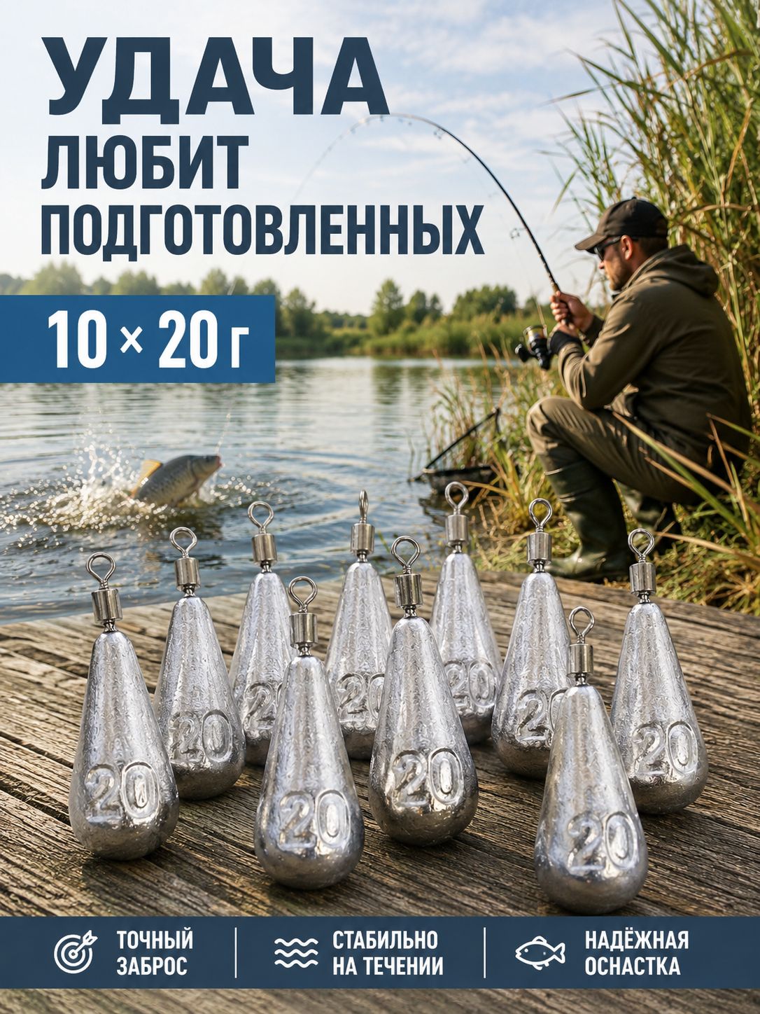 Грузило Капля с вертлюгом 20 г, 10 шт, серебристое, свинцовое, для донной и фидерной рыбалки
