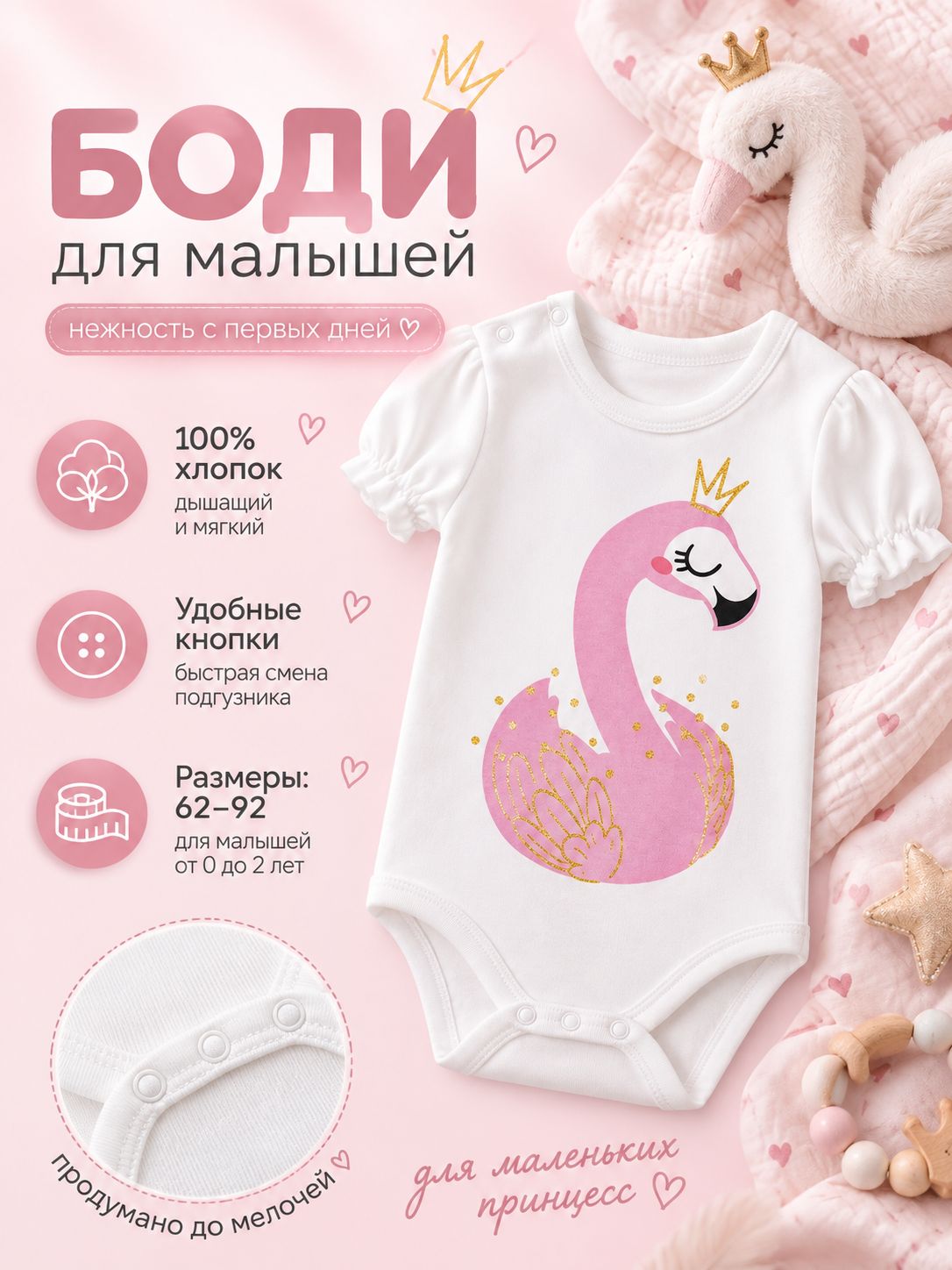Боди для малышей 74-80 Крошка Я, для девочек, белый фламинго
