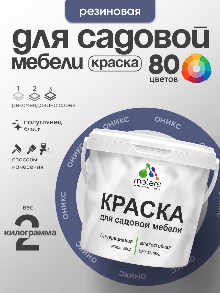 Резиновая краска Malare для садовой мебели/ по дереву, для наружных и внутренних работ/ быстросохнущая моющаяся без запаха полуглянцевая, оникс, 2 кг