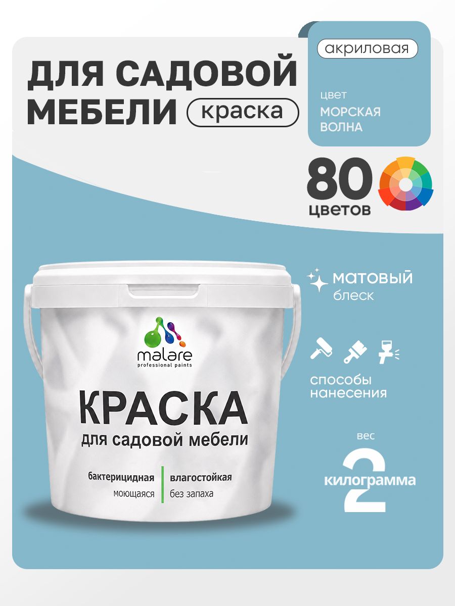 Акриловая краска Malare для садовой мебели/ по дереву, для наружных и внутренних работ/ быстросохнущая моющаяся без запаха матовая, морская волна, 2 кг