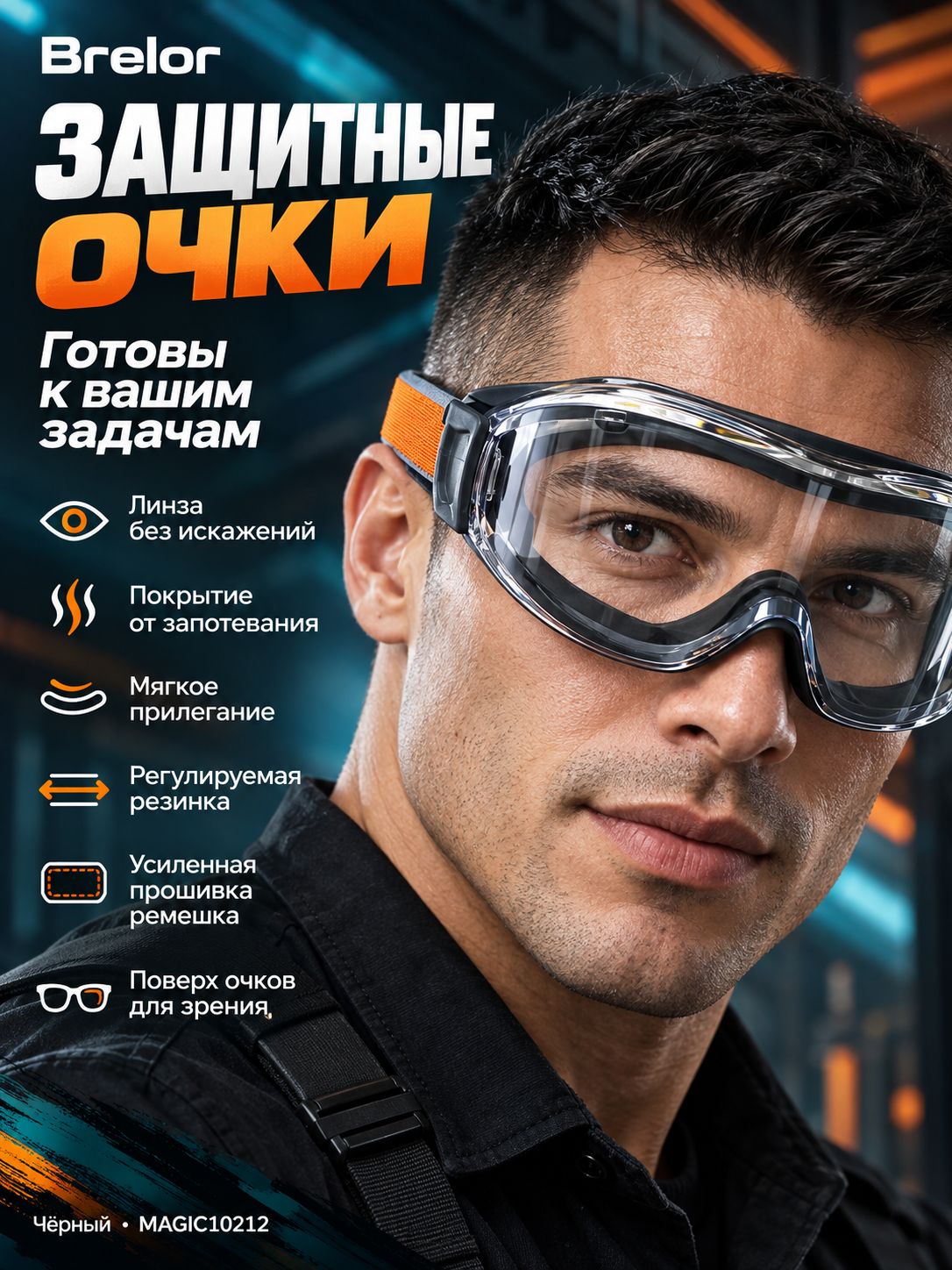 Очки защитные строительные прозрачные (черный уплотнитель)