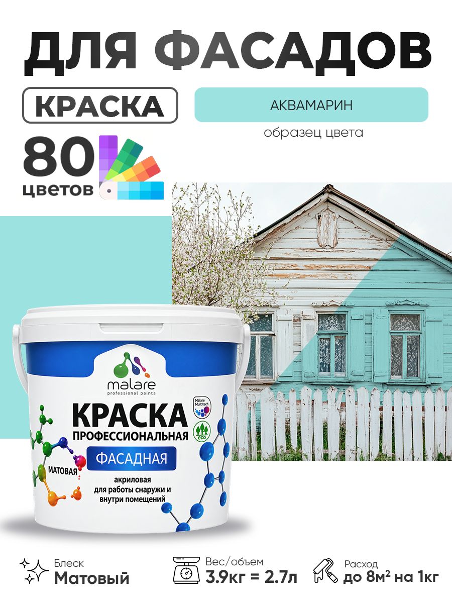 Краска фасадная для наружных работ Malare Professional для дерева по бетону, для минеральных поверхностей, акриловая быстросохнущая без запаха, матовая, аквамарин, (2.7л - 3.9кг)