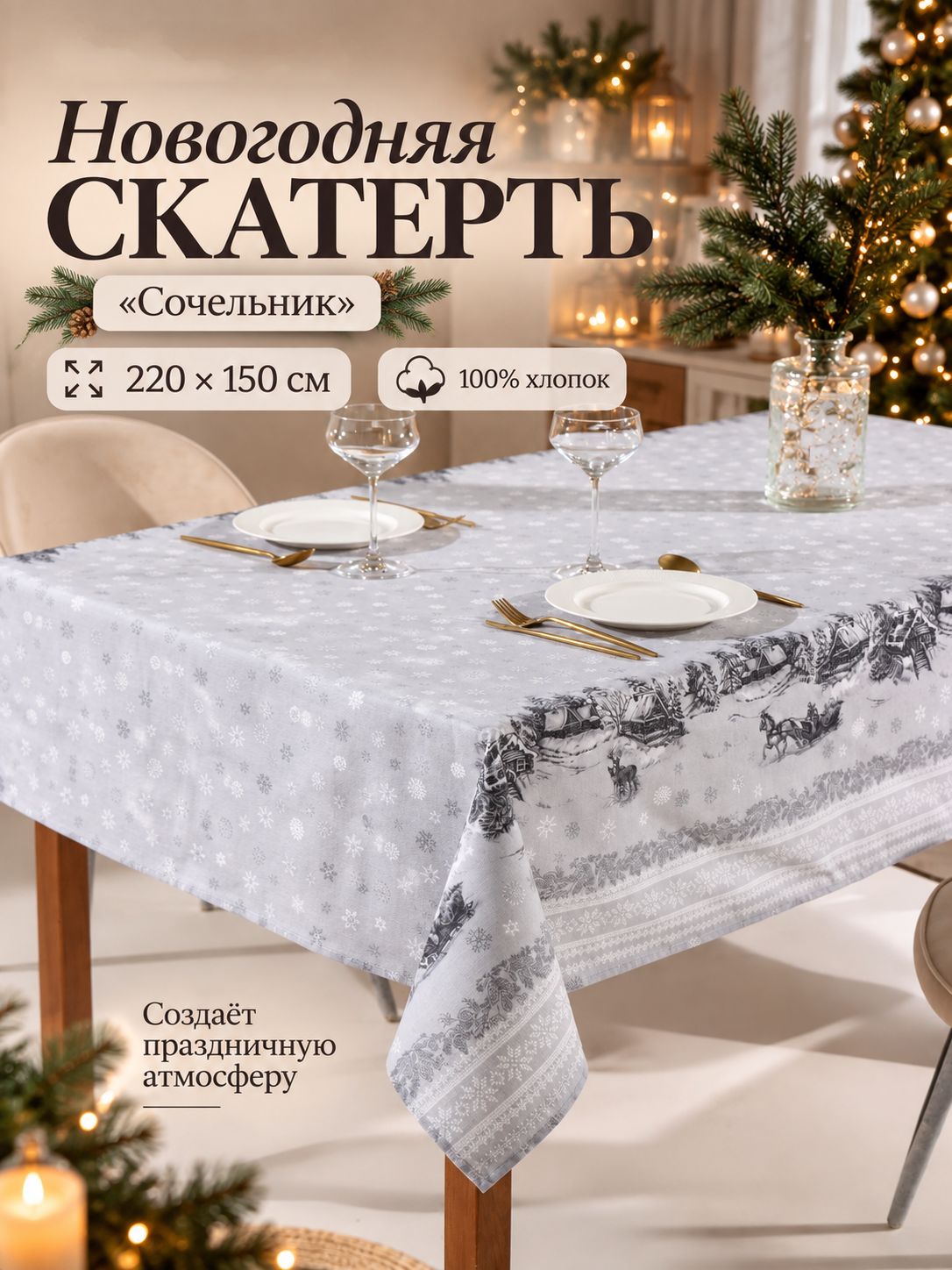 Скатерть новогодняя на стол "Сочельник" 220х150 см, 100% хлопок