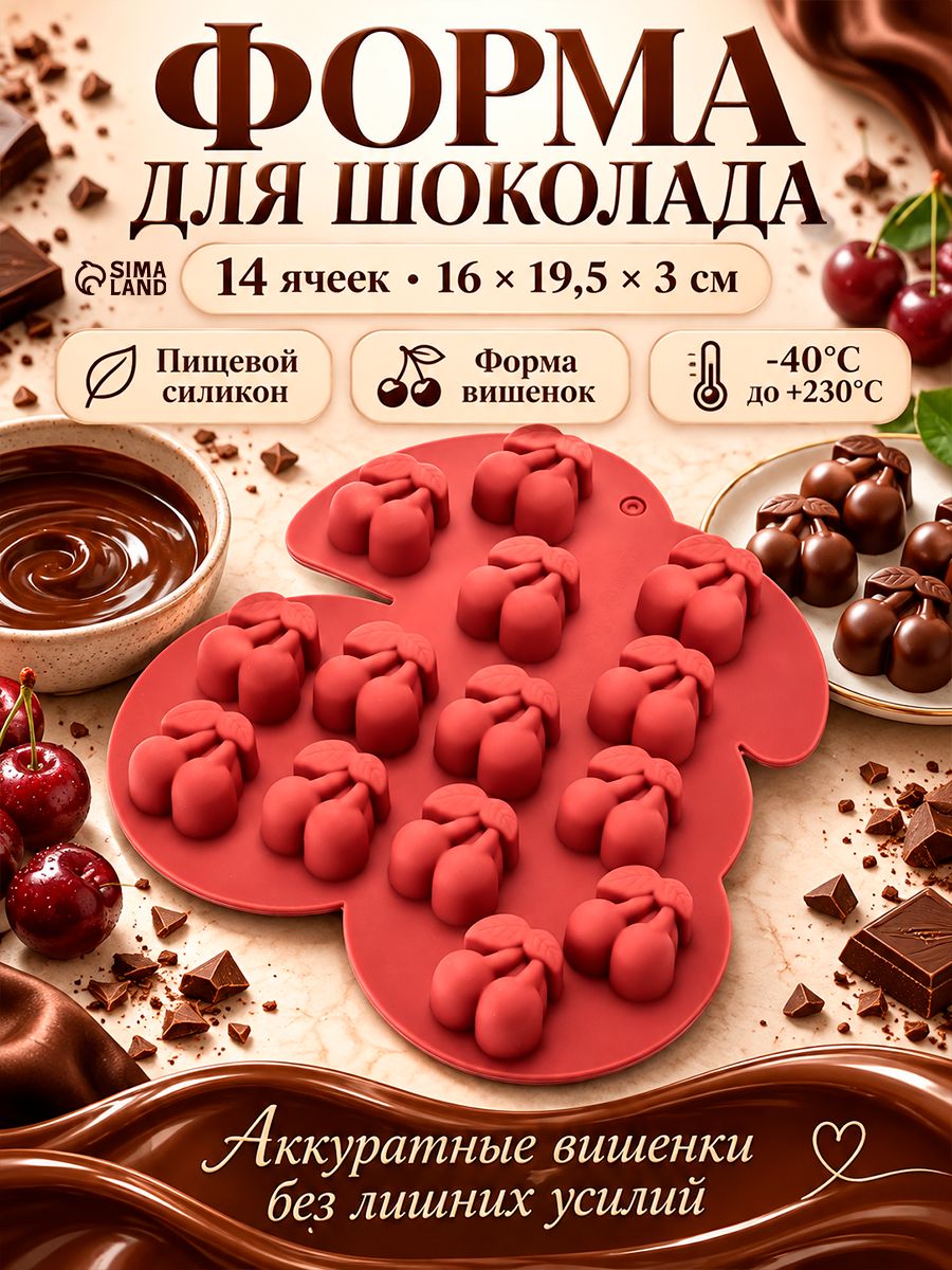 Форма для шоколада Вишенки, 14 ячеек, силикон, размер 16x19.5x3 см