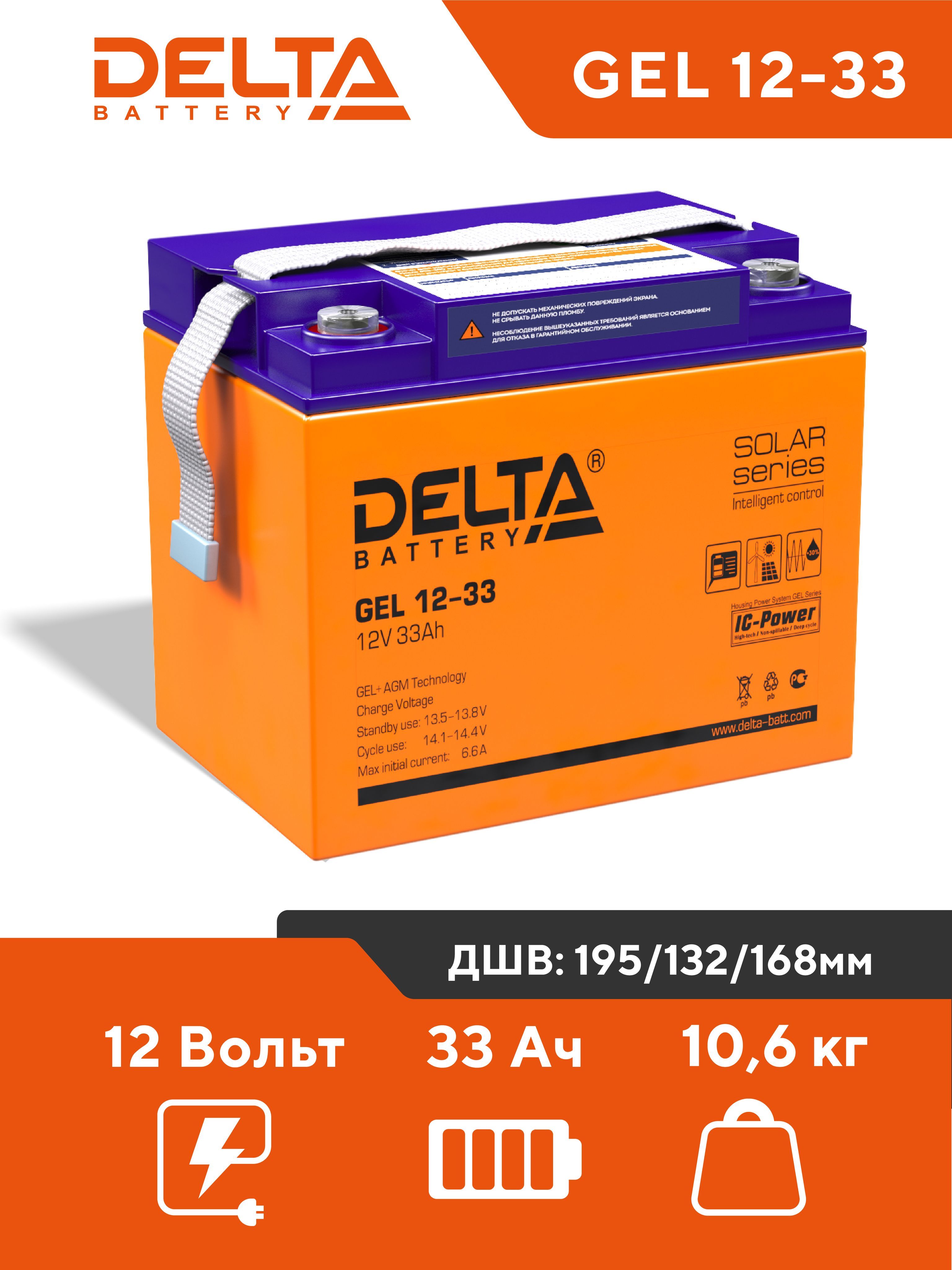 ГелевыйаккумуляторDeltaGEL12-3312V33AhAGMVRLAтяговый,дляСЭС