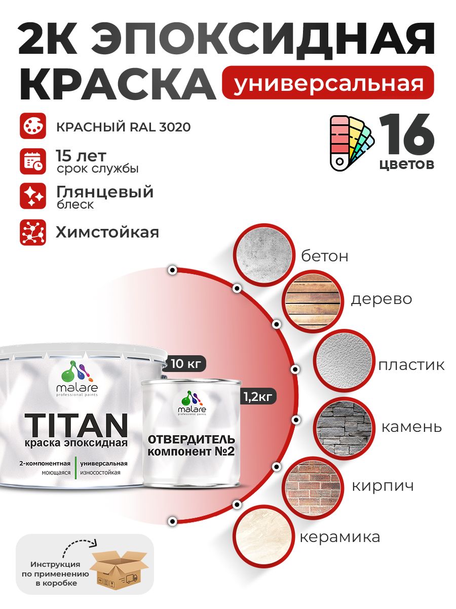2К Эпоксидная краска Malare TITAN универсальная, двухкомпонентная влагостойкая высокопрочная износостойкая, RAL 3020 красный, глянцевая, (10 кг + 1,2кг отвердитель)