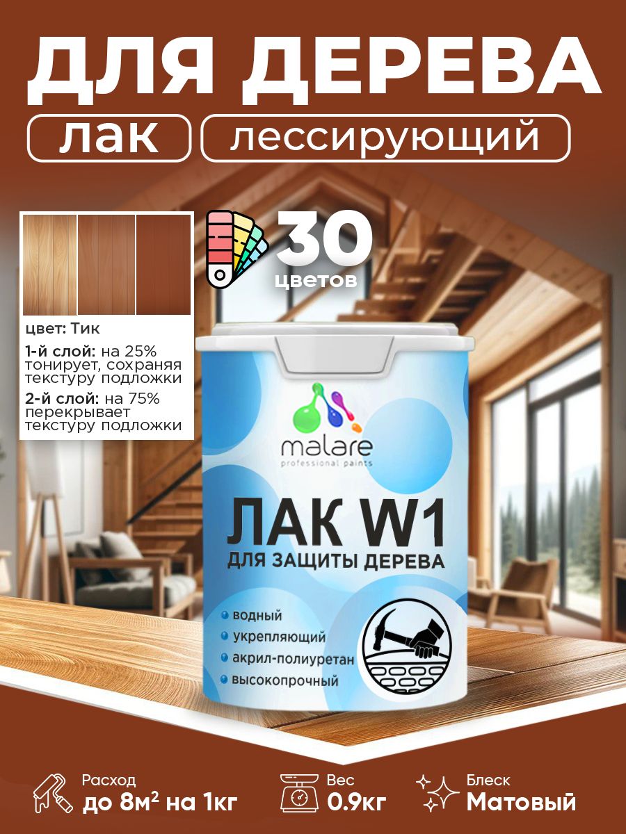Лак колерованный тонирующий для дерева Malare W1 для деревянных и минеральных поверхностей, моющийся без запаха быстросохнущий, матовый, тик, 0.9 кг.