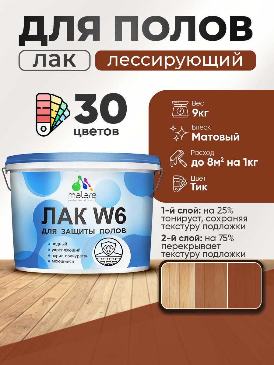 Лак колерованный тонирующий для защиты пола Malare W6 для паркета и ламината, для дерева и минеральных поверхностей, водный без запаха быстросохнущий, матовый, тик, 9 кг.