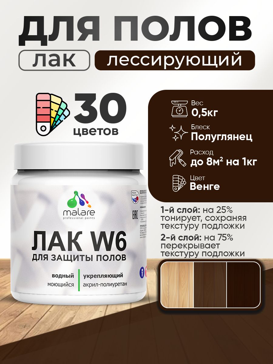 Лак колерованный тонирующий для защиты пола Malare W6 для паркета и ламината, для дерева и минеральных поверхностей, водный без запаха быстросохнущий, полуглянцевый, венге, 0.5 кг.