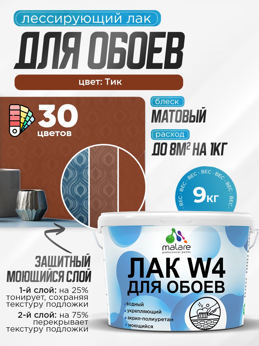 Лак колерованный тонирующий для защиты обоев Malare W4 универсальный для дерева и минеральных поверхностей, водный без запаха быстросохнущий, матовый, тик, 9 кг.