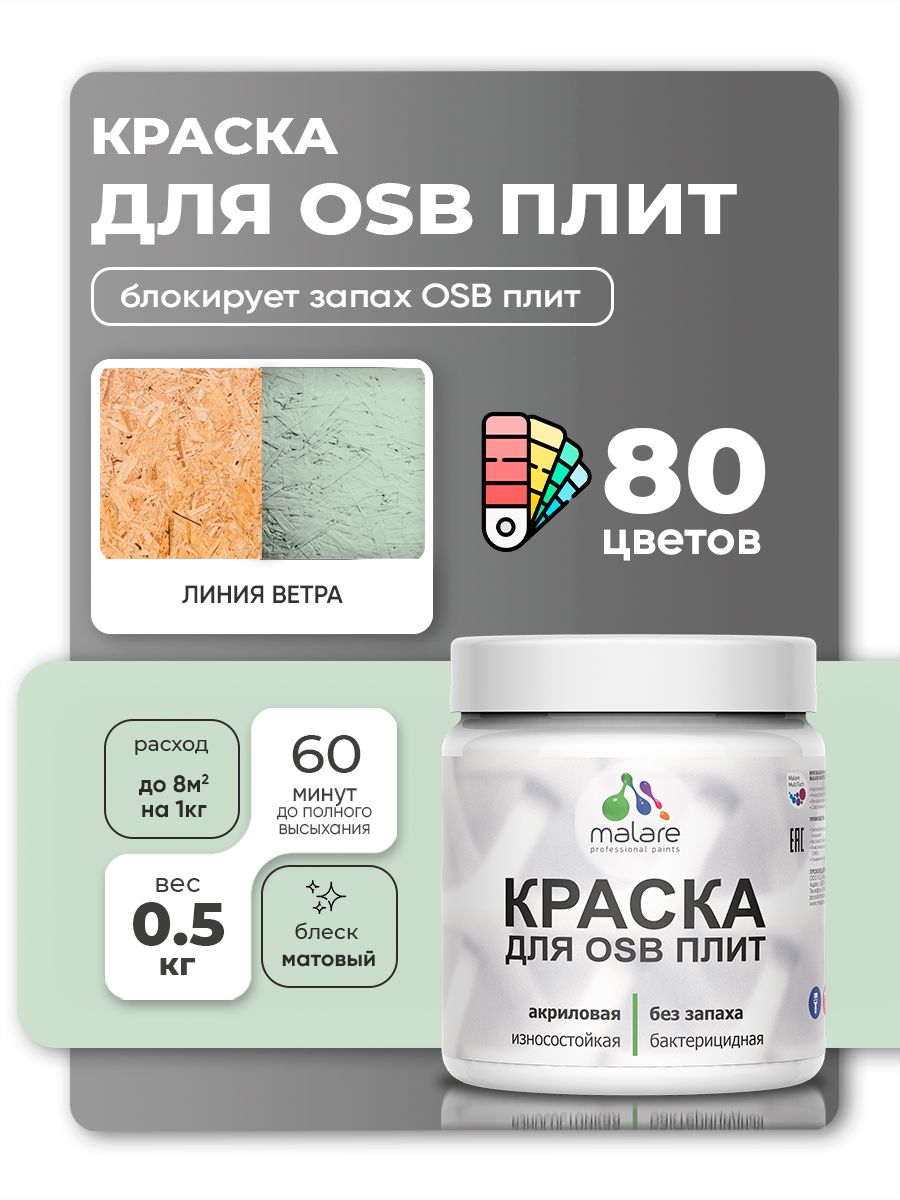 Акриловая краска для ОСБ плит Malare для дерева для наружных и внутренних работ, быстросохнущая без запаха матовая, линия ветра, 0.5 кг