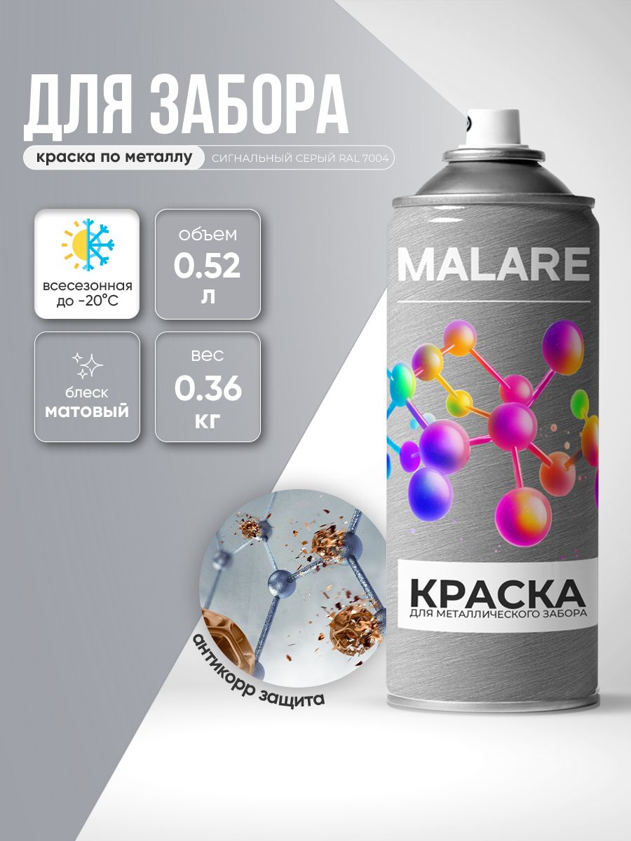 Аэрозольная краска по металлу Malare для крыш и заборов по ржавчине, для наружных работ, быстросохнущая износостойкая, матовый, сигнальный серый, 520 мл