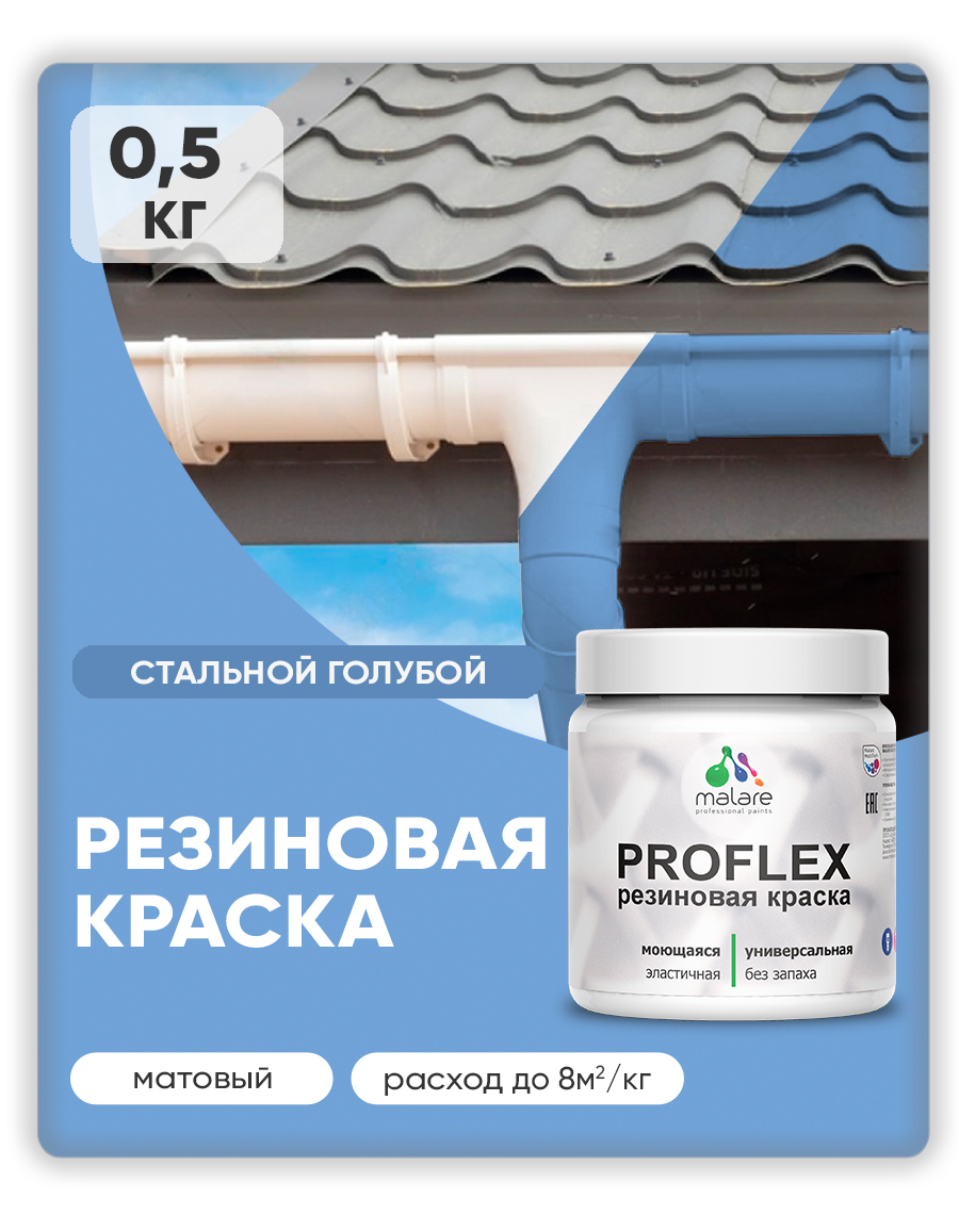 Краска резиновая Malare ProfleX (серия "Пастельные тона") жидкая резина для наружных и внутренних работ, быстросохнущая моющаяся, матовая, стальной голубой, 0.5 кг