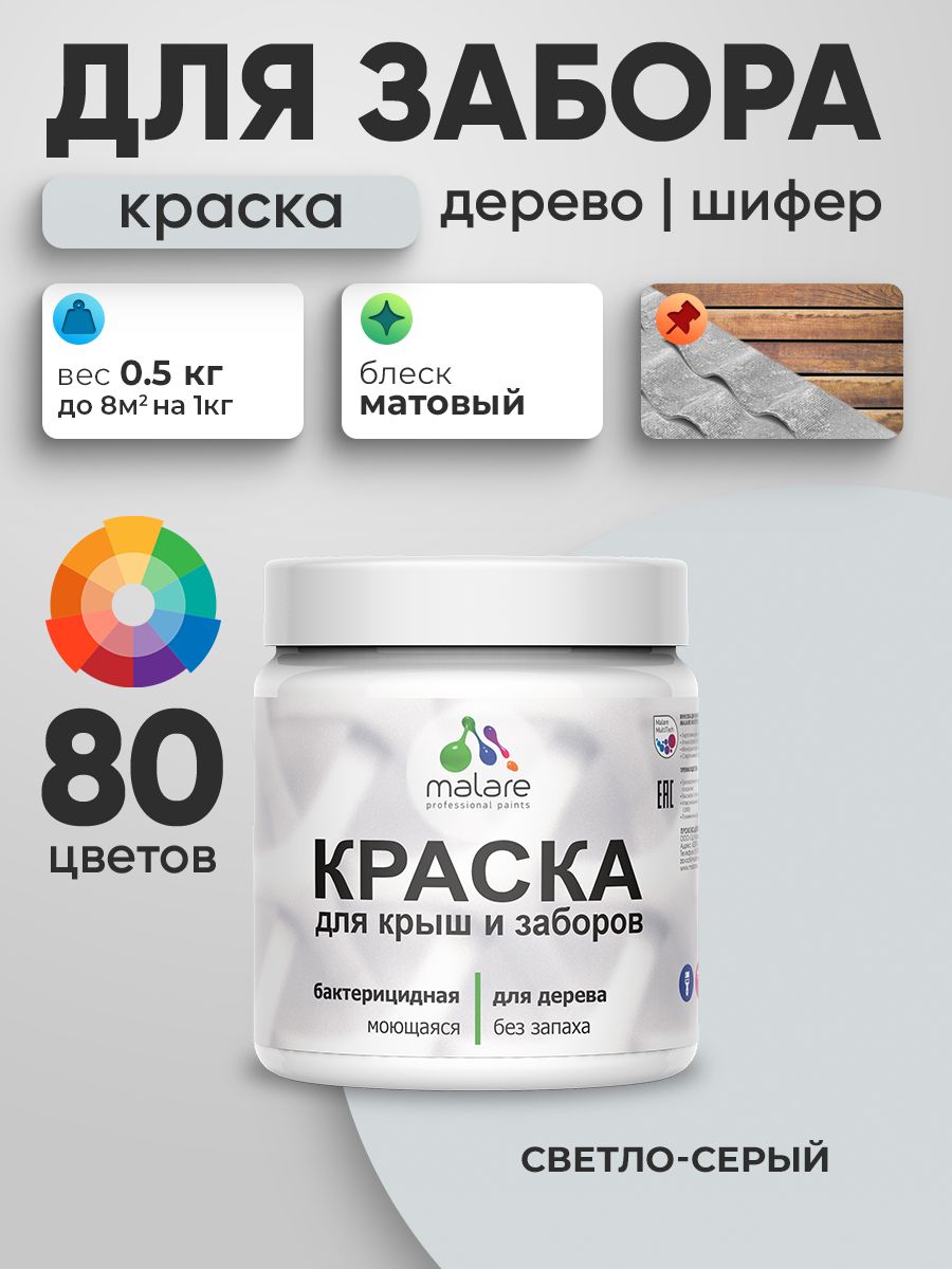 Акриловая краска Malare для деревянного забора/ по дереву для наружных и внутренних работ/ быстросохнущая моющаяся без запаха, матовая, светло-серый, 0.5 кг.