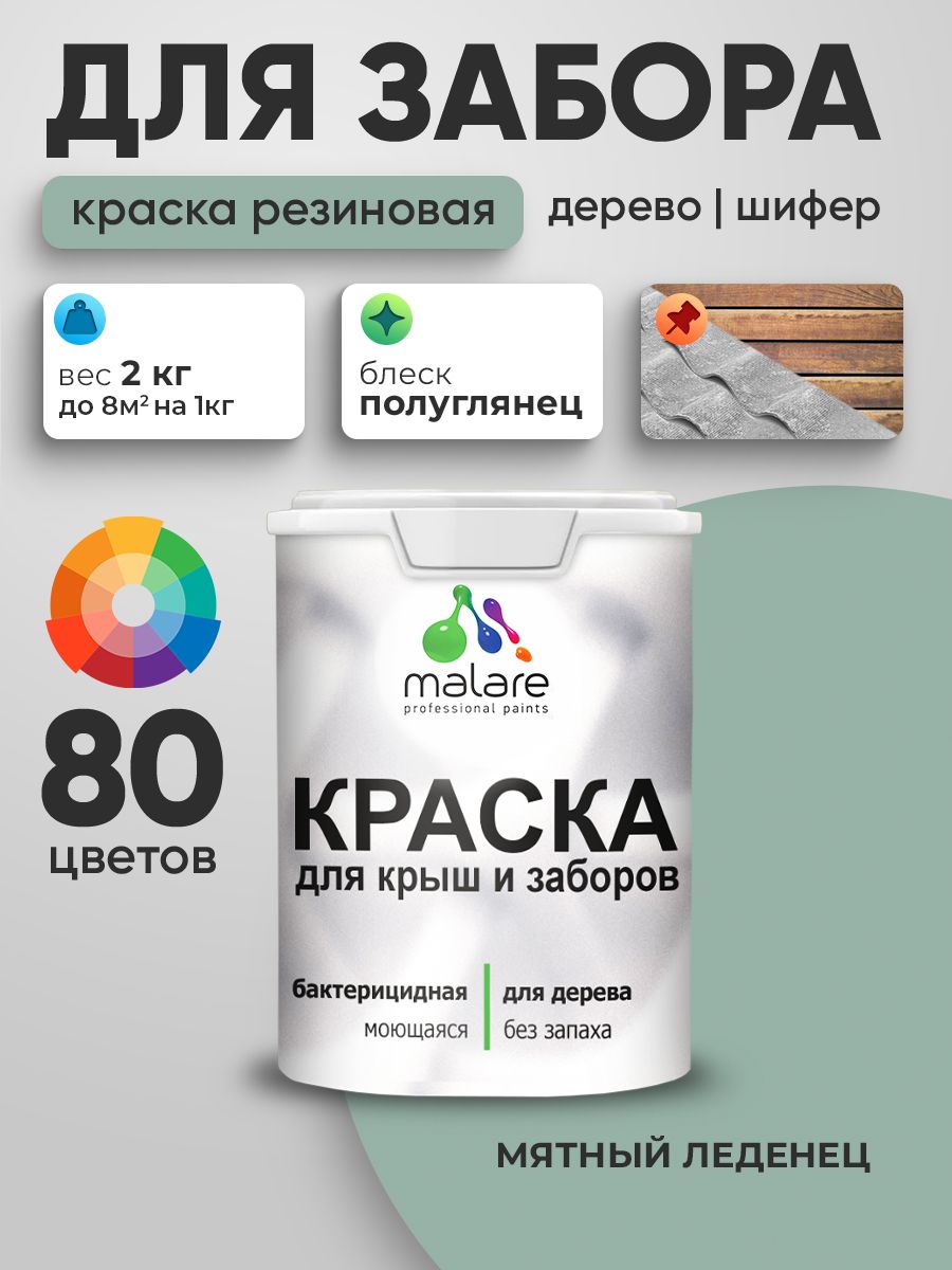 Резиновая краска Malare для деревянного забора/ по дереву для наружных и внутренних работ/ быстросохнущая моющаяся без запаха полуглянцевая, мятный леденец, 2 кг.