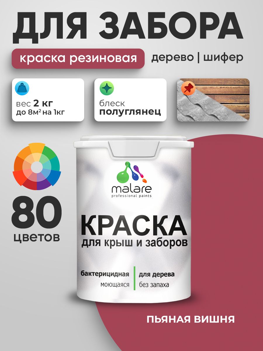 Резиновая краска Malare для деревянного забора/ по дереву для наружных и внутренних работ/ быстросохнущая моющаяся без запаха полуглянцевая, пьяная вишня, 2 кг.