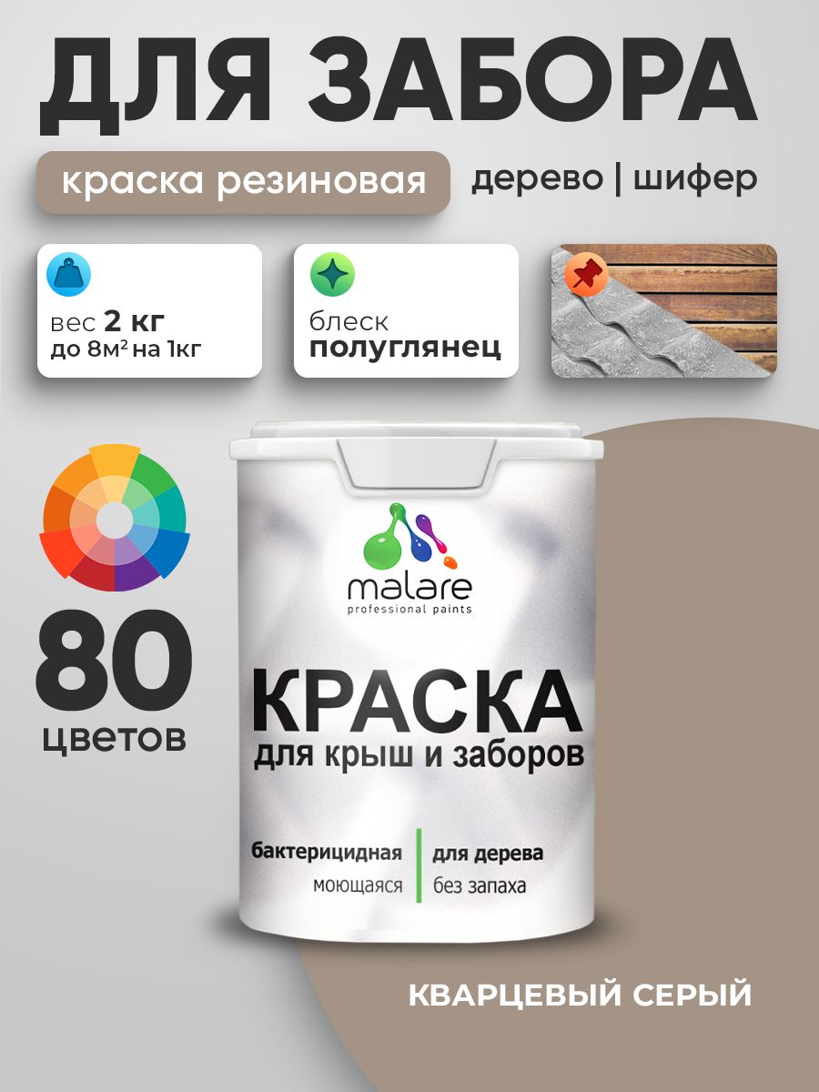 Резиновая краска Malare для деревянного забора/ по дереву для наружных и внутренних работ/ быстросохнущая моющаяся без запаха полуглянцевая, кварцевый серый, 2 кг.