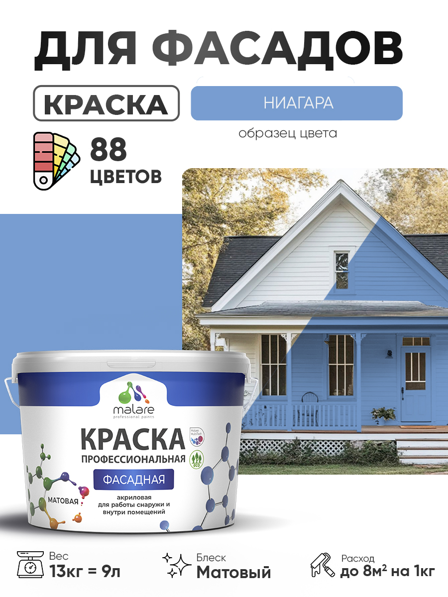 Краска фасадная для наружных работ Malare Professional для дерева по бетону, для минеральных поверхностей, акриловая быстросохнущая без запаха, матовая, ниагара, (9л - 13кг)