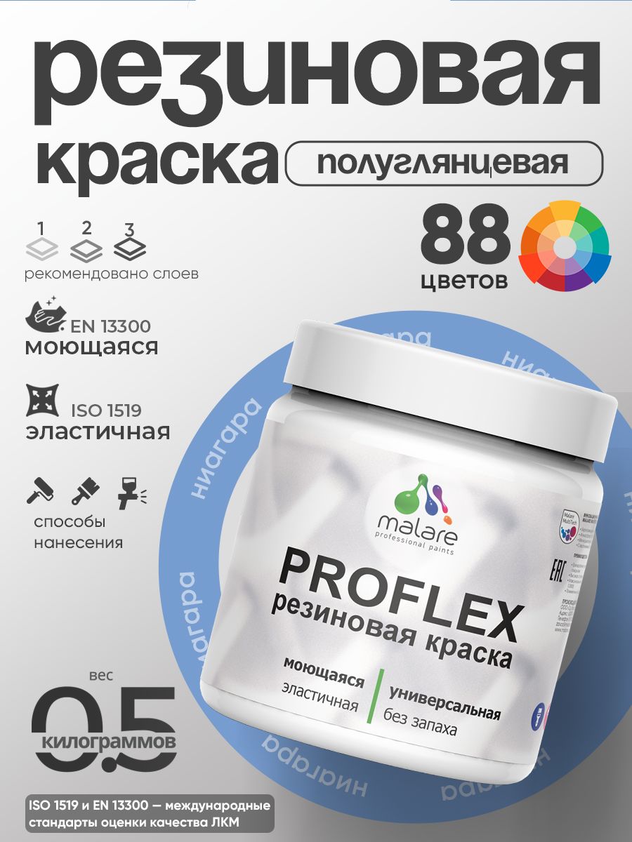 Краска резиновая Malare ProfleX (серия "Пастельные тона") жидкая резина для наружных и внутренних работ, быстросохнущая моющаяся, полуглянцевая, ниагара, 0.5 кг