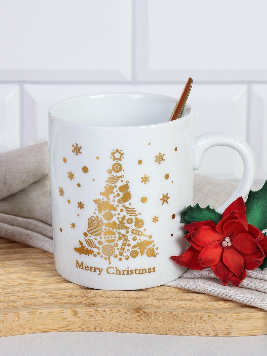 Набор кружек новогодних Счастливого рождества 2 штуки, с ложками, 250 мл, керамика Набор кружек новогодних Счастливого рождества 2 штуки, с ложками, 250 мл, керамика