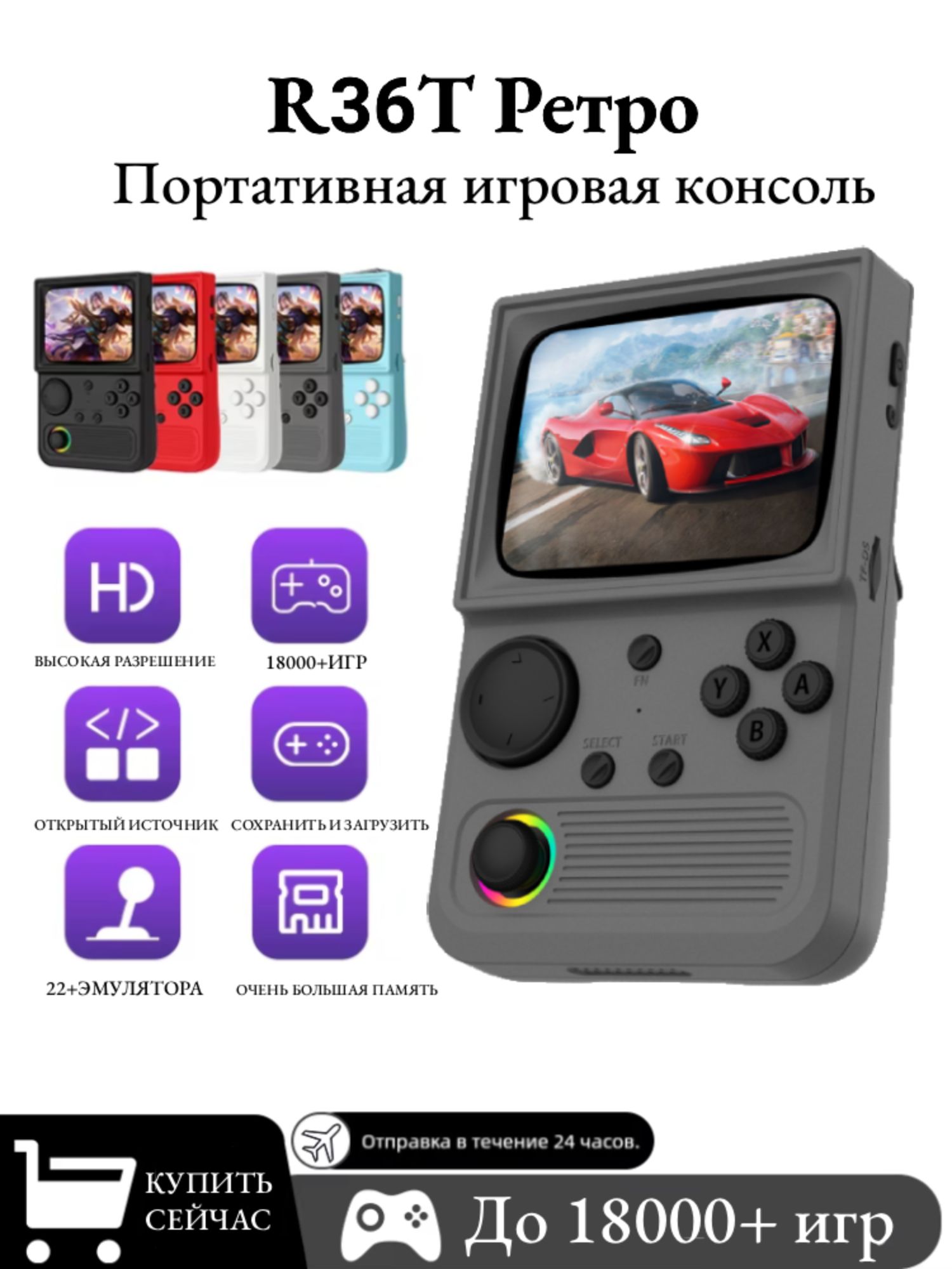 R36T Игровая консоль,64G/18000 ретро игр,3500mAh,серый купить на OZON ...