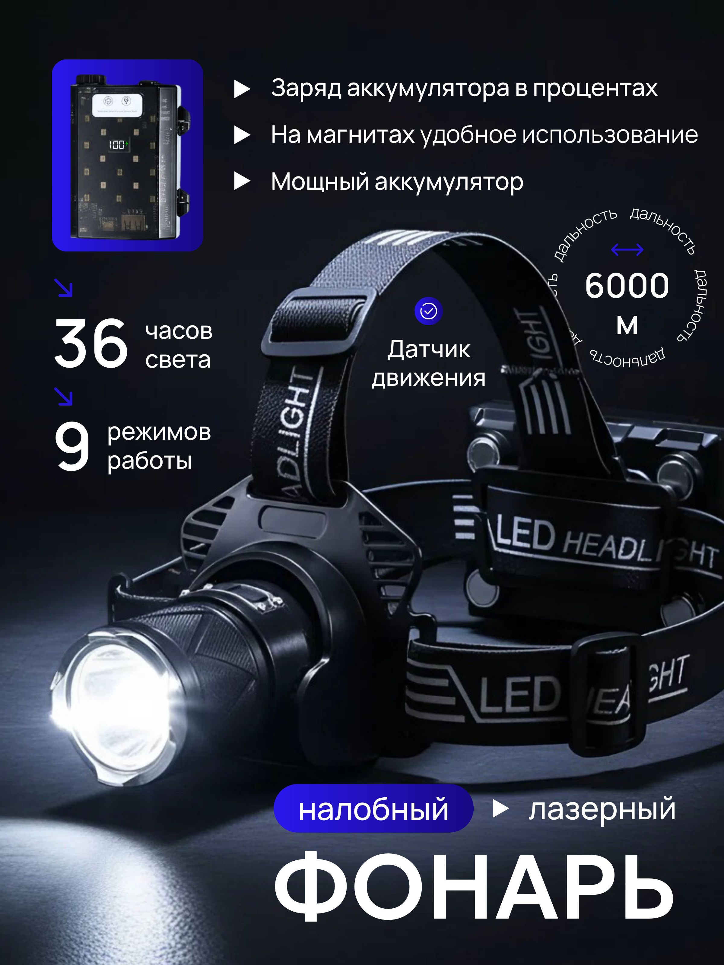 Фонарьналобный,аккумуляторный,светодиодный,LEDсзарядкой,лазерный