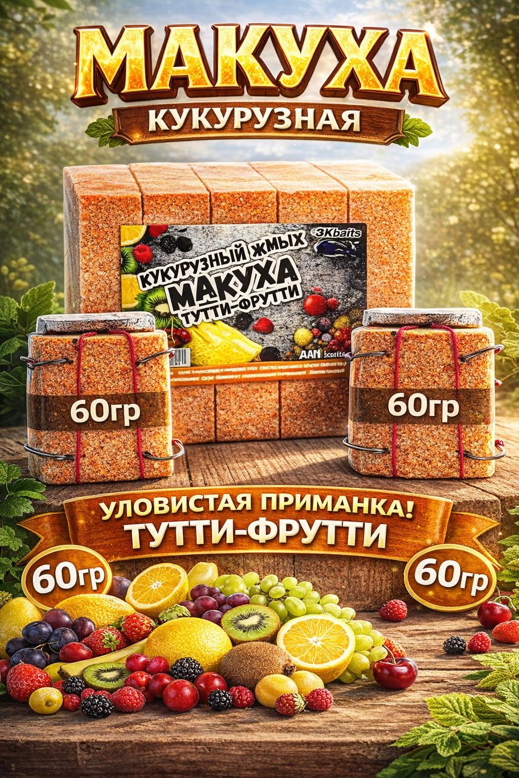 Макухадлярыбалкикукурузная"тутти-фрутти"2жмыховкипо60г,жмыхпрессованныйдлямакушатникаидоннойловли