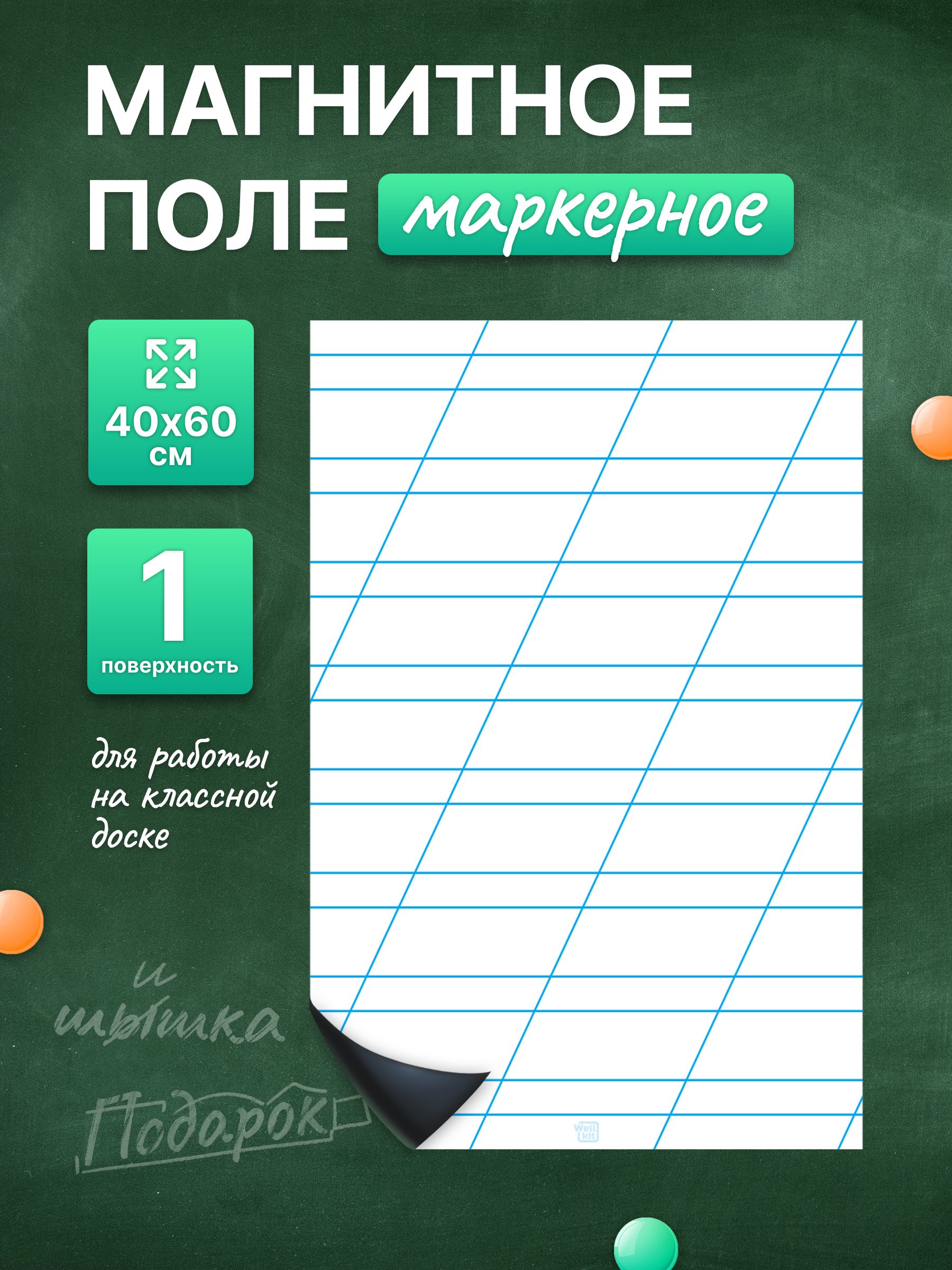 Разлиновка магнитная для школьной доски в редкую косую линию 40х60 см. WellKit