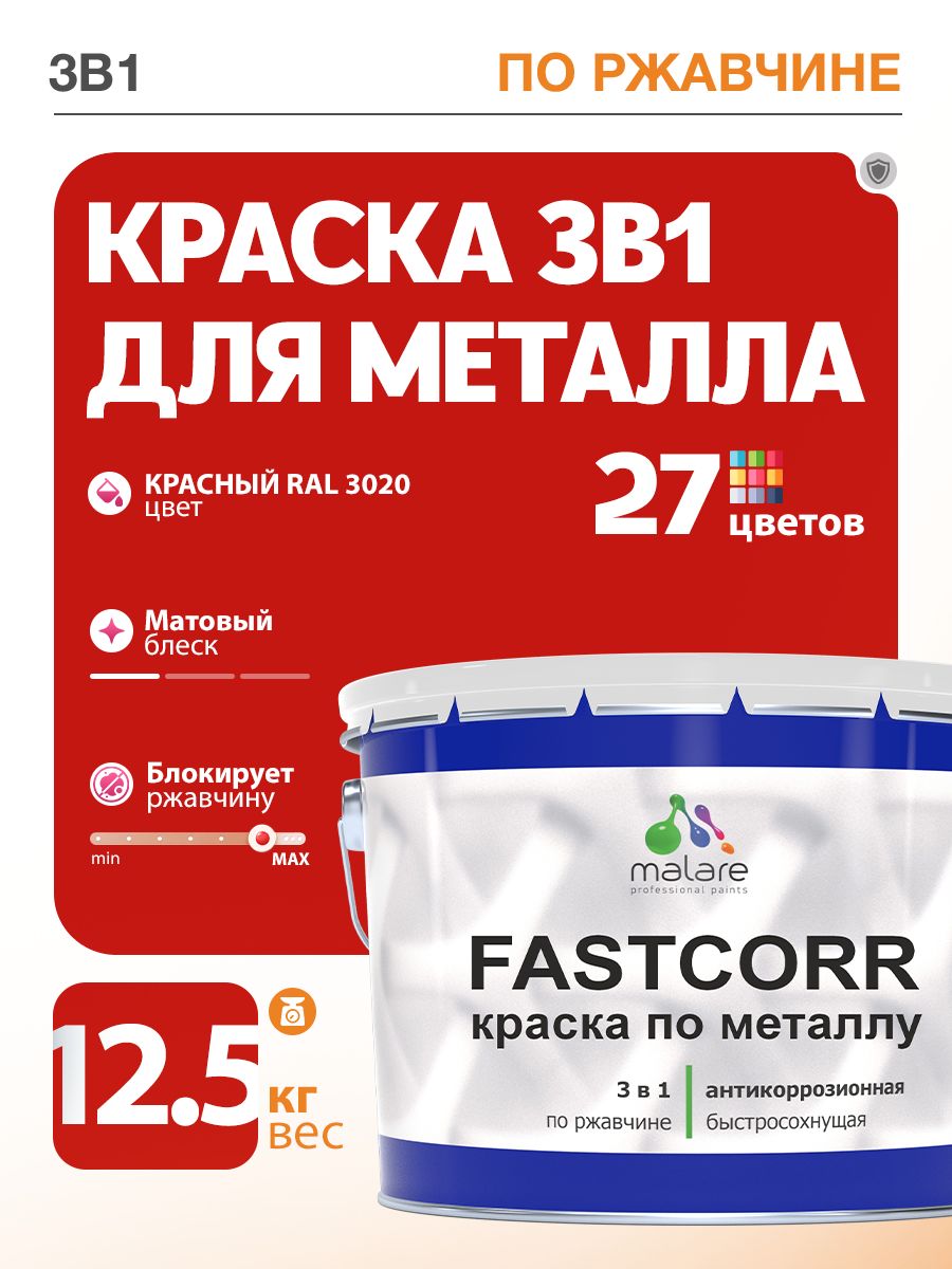 Краска для металла по ржавчине Malare FastCorr, для наружных работ износостойкая, быстросохнущая RAL 3020 красный, матовая, 12,5 кг