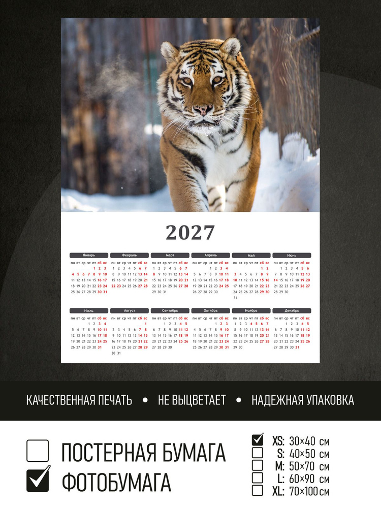 Календарь 2027 Тигр в лесу зимой, фотобумага 30х40 см ПолиЦентр #1