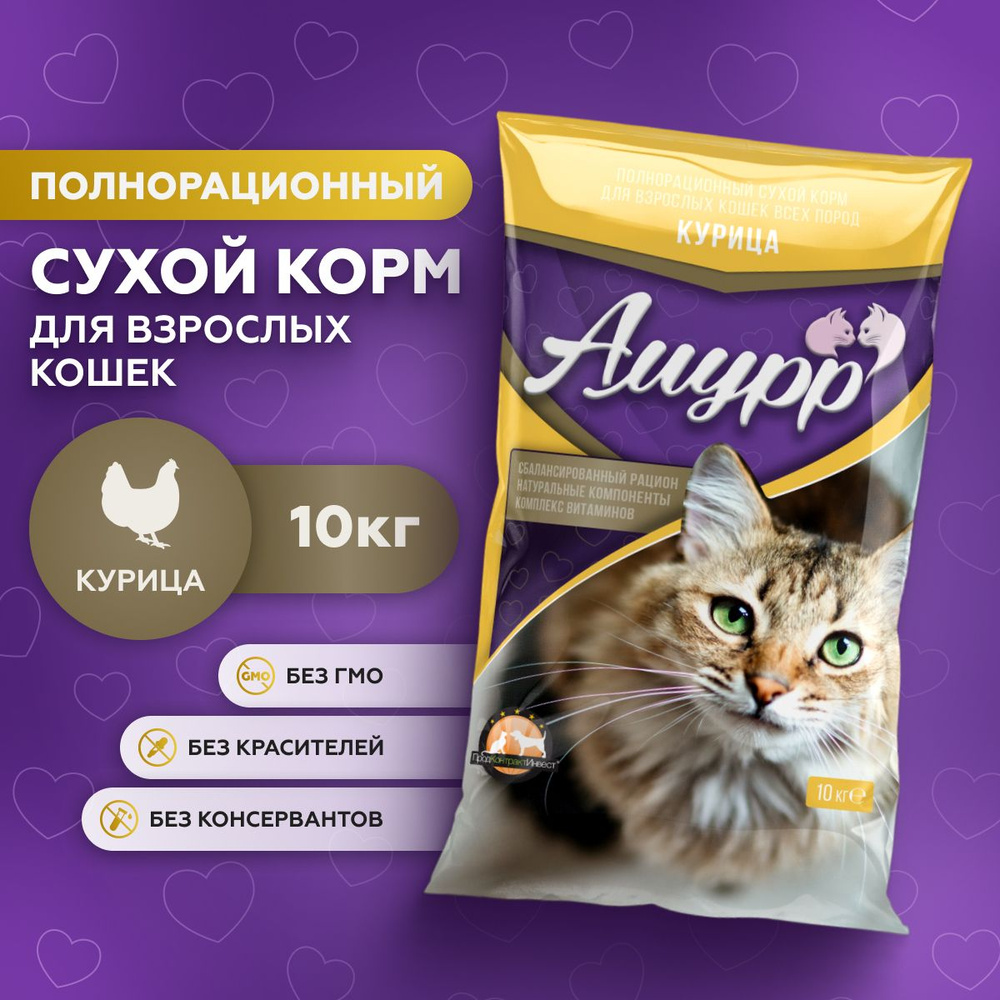 Сухой корм для кошек полнорационный Амурр, Курица 10 кг - купить с доставкой  по выгодным ценам в интернет-магазине OZON (790425446)