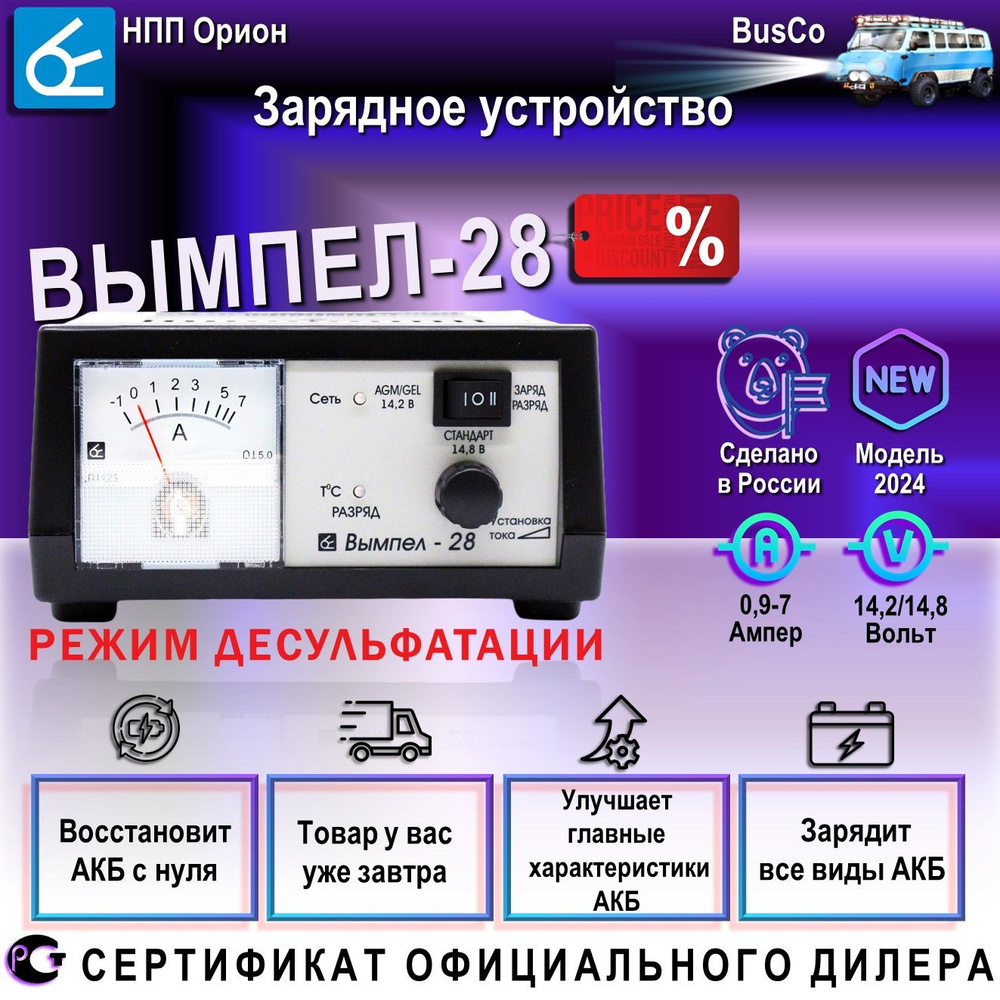 Зарядное устройство для аккумулятора автомобиля Вымпел 28, ДЕСУЛЬФАТ,  асимметричный заряд/разряд 12-В АКБ, улучшение и восстановление