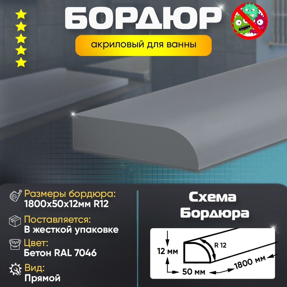 Плинтус Бордюр Акриловый для Ванной Комнаты Радиус R12 12х50х1800 / Цвет: Бетон  #1