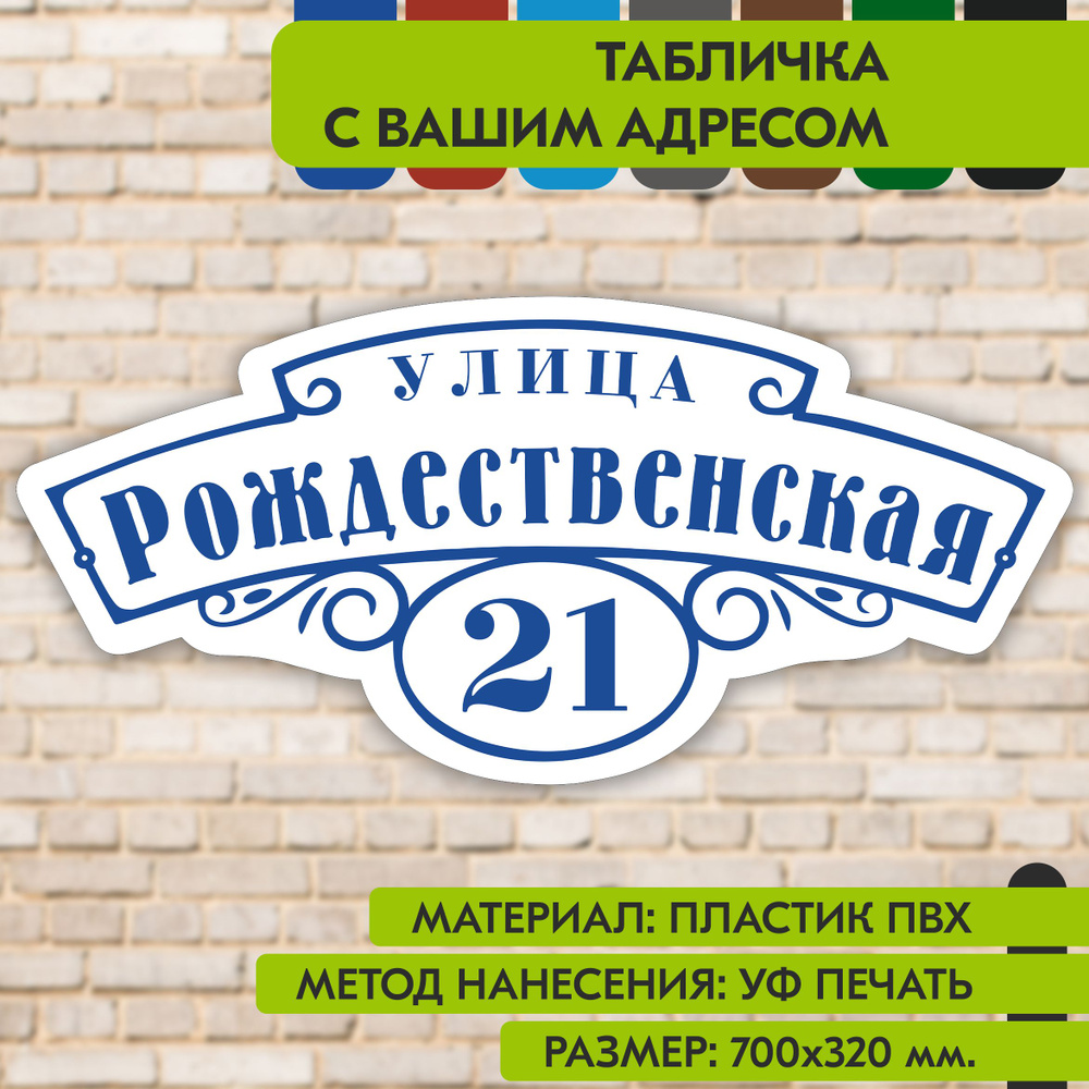 Адресная табличка на дом "Домовой знак" бело-синяя, 700х320 мм., из пластика, УФ печать не выгорает  #1