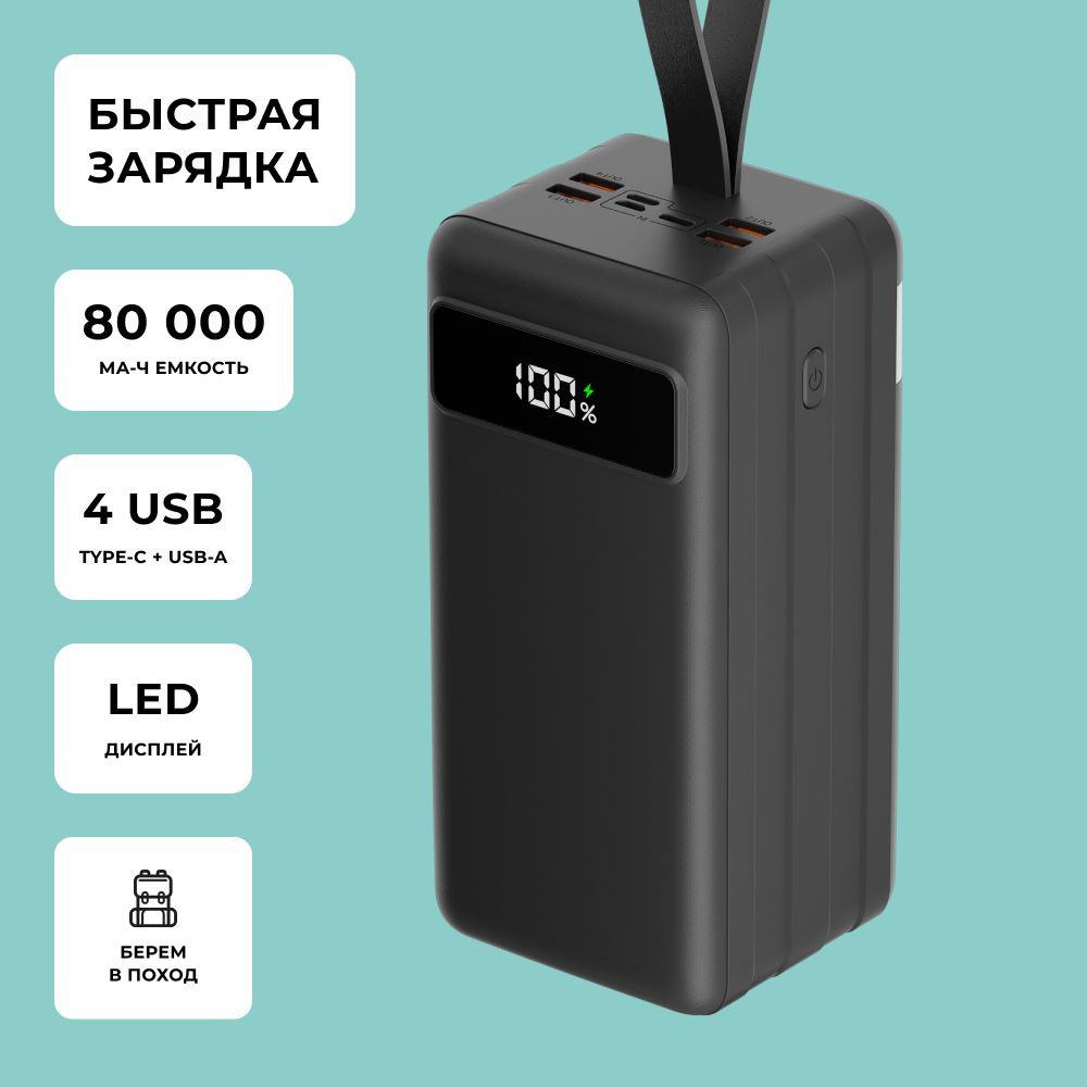 Внешний аккумулятор NRG Turbo V2 80000 mAh, powerbank с быстрой зарядкой  PowerDelivery и QuickCharge, чёрный с дисплеем