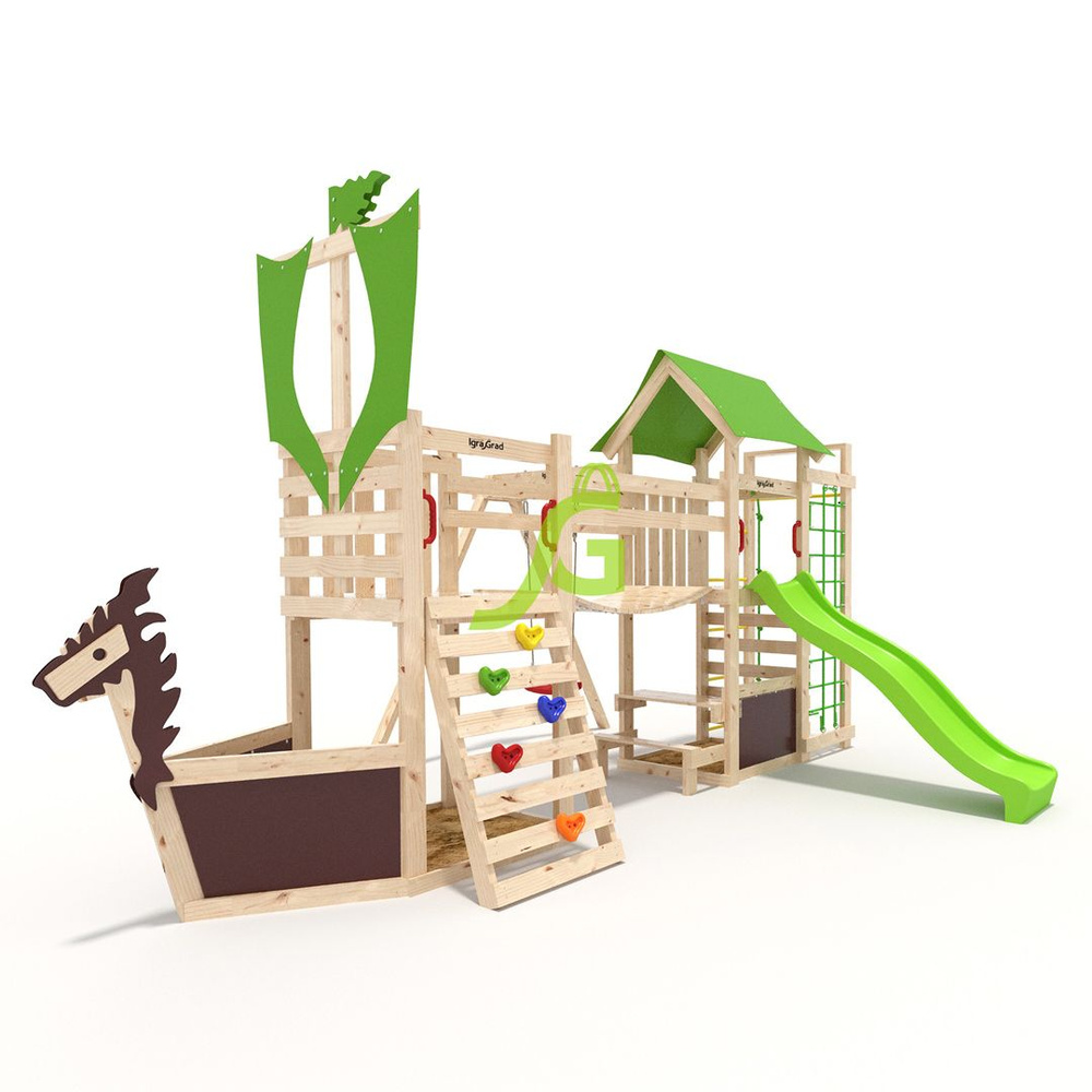 Детская площадка с двумя деревянными домиками и мостиком, тентовыми ...