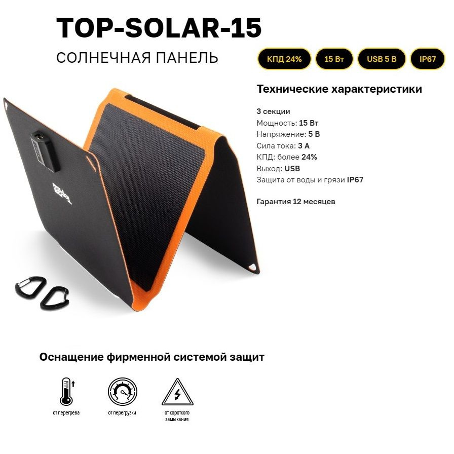 Солнечная батарея TOP-SOLAR-15 15W USB 5V 3A, влагозащищенная IP67,  складная на 3 секции - купить с доставкой по выгодным ценам в  интернет-магазине OZON (831605320)