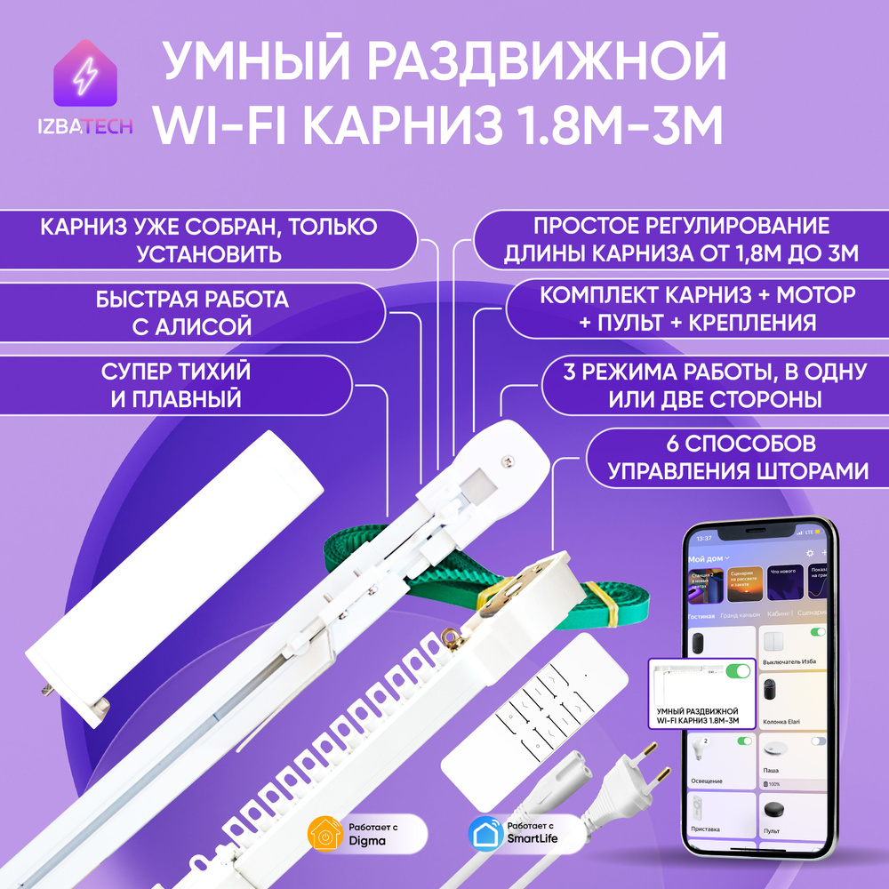 Умный раздвижной 1,76-3м карниз для Алисы WIFI+RF: мотор + пульт, 6 способов открытия штор в одну или #1