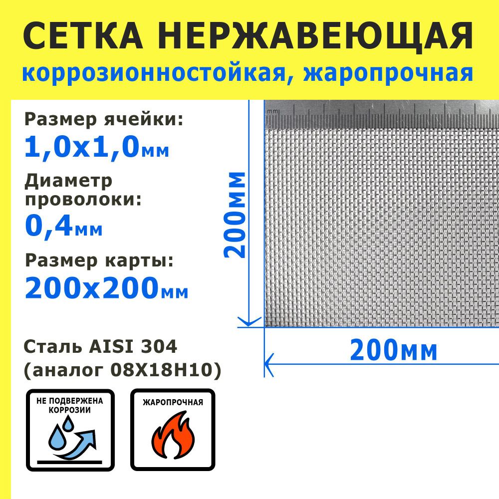 Сетка нержавеющая 1,0х1,0х0,4 мм для фильтрации, защиты от насекомых, грызунов. Сталь AISI 304 (08Х18Н10). #1