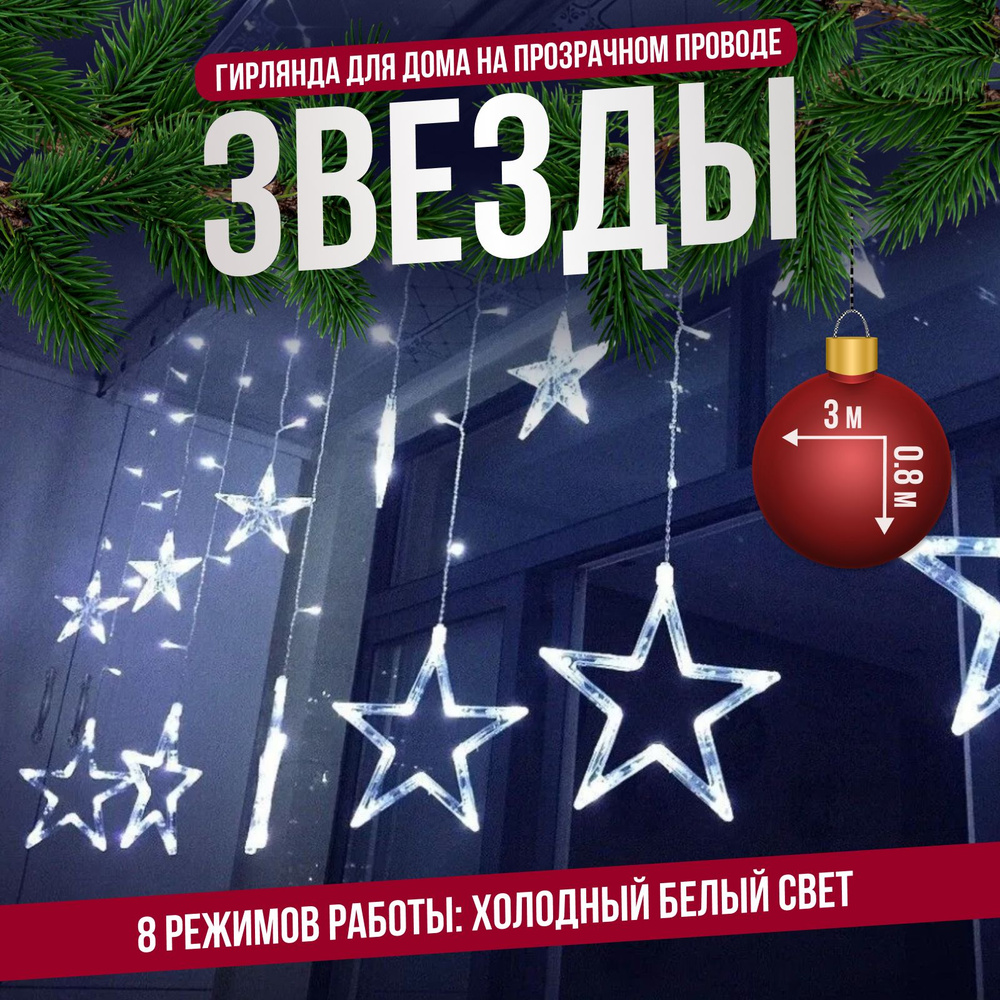 Гирлянда интерьерная на окно "Звезды" 3 метра, 8 режимов, холодный свет  #1