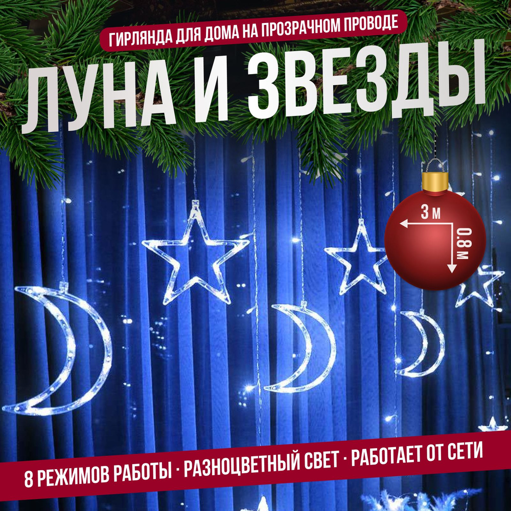 Гирлянда интерьерная на окно "Звезды и Луна" 3 метра, 8 режимов, синий свет  #1