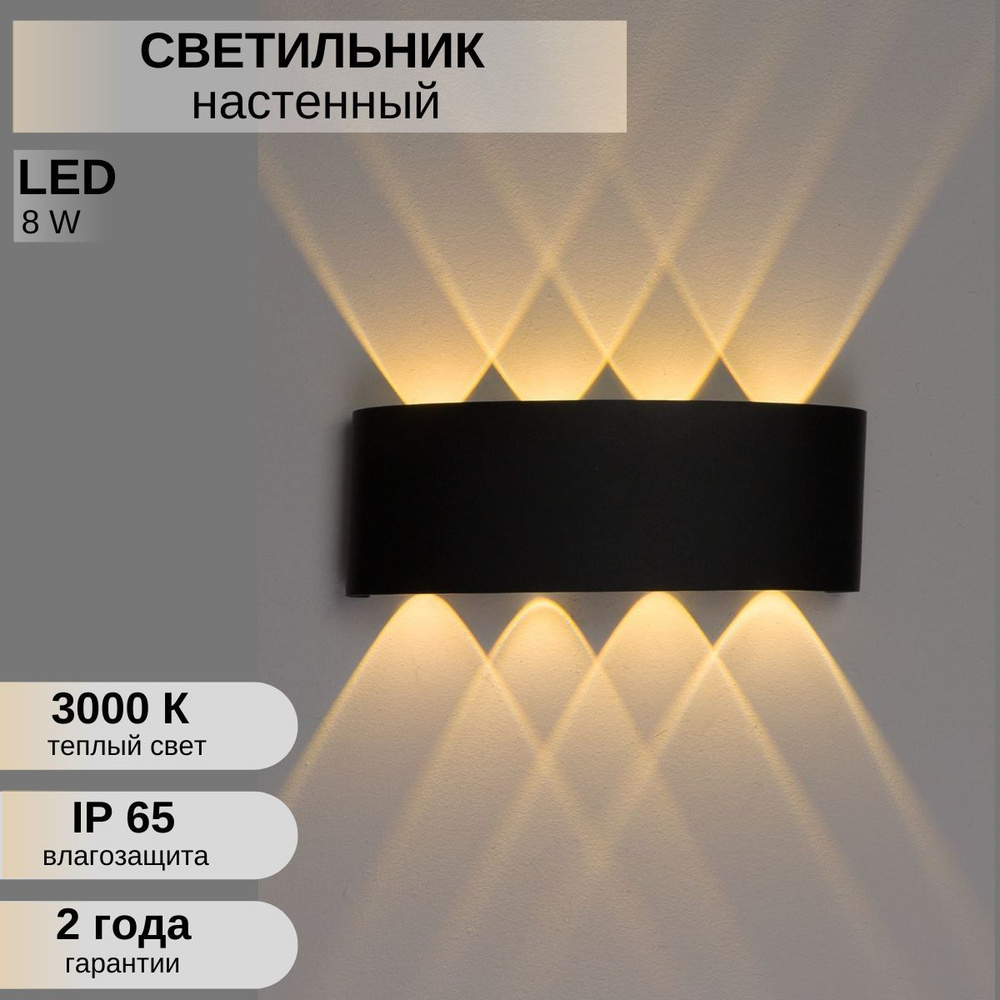 Светильник уличный 8w ЧЕРНЫЙ ТЕПЛЫЙ настенный/ Бра светодиодный для дома/ LED ночник  #1