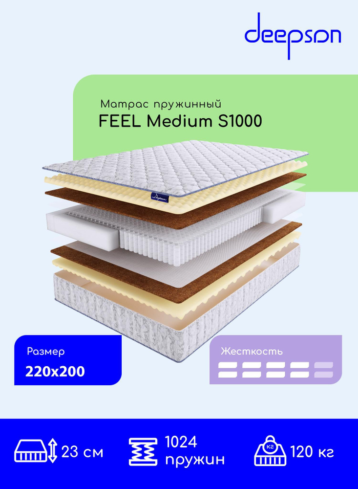 Матрас Deepson FEEL Medium S1000 средней жесткости, двуспальный, пружинный, на кровать 220x200  #1