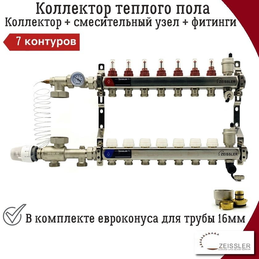 Комплект для водяного теплого пола до 110 кв/м ZEISSLER, коллекторная группа 7 выходов с расходомерами #1