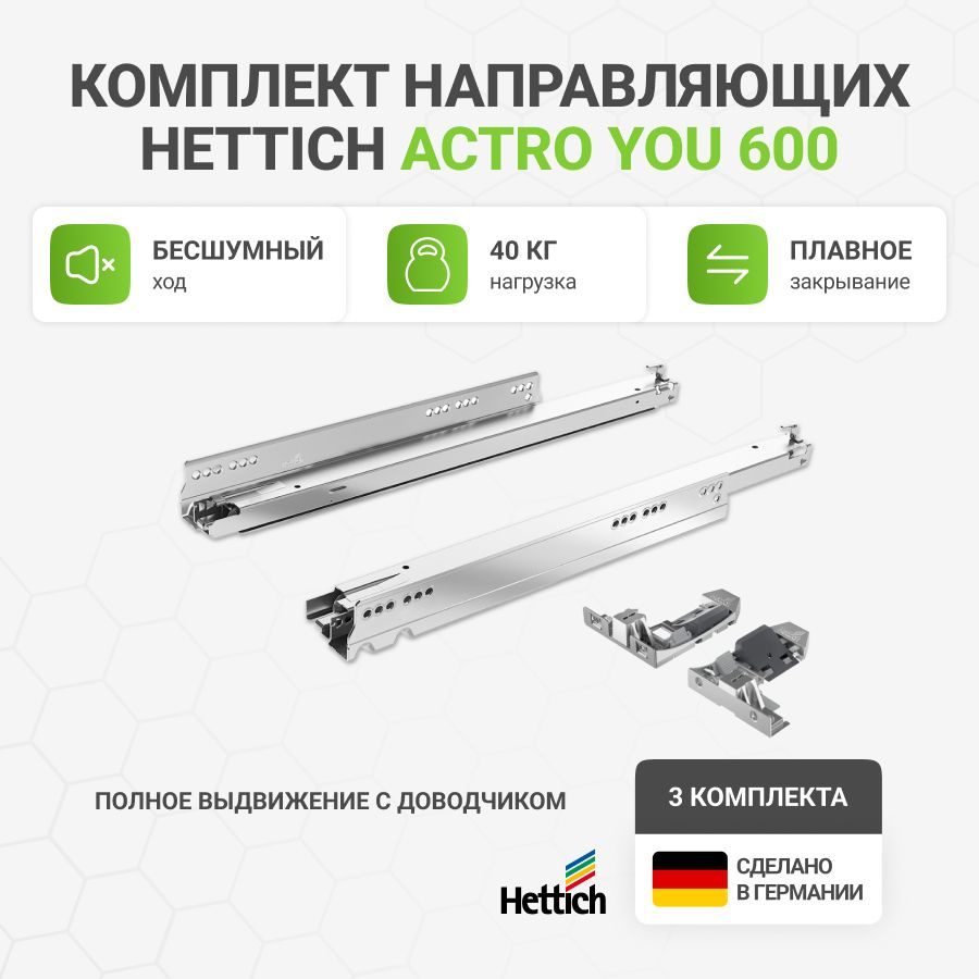 Направляющие для ящиков HETTICH Actro YOU с доводчиком Silent System NL600 мм, полного выдвижения, 3 #1