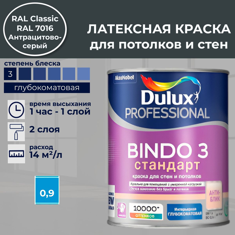 DULUX Краска Быстросохнущая, Моющаяся, Сополимерная дисперсия, Матовое покрытие, 0.9 л, темно-серый  #1