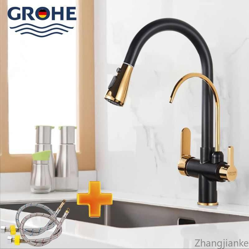 Смеситель для кухни GROHE с подключением фильтра для питьевой воды и гибким выдвижным механизмом  #1